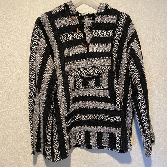 Baja Hoodie Black Gray Poncho Style XL 100% Cotton‎ Made in India - Picture 3 of 4